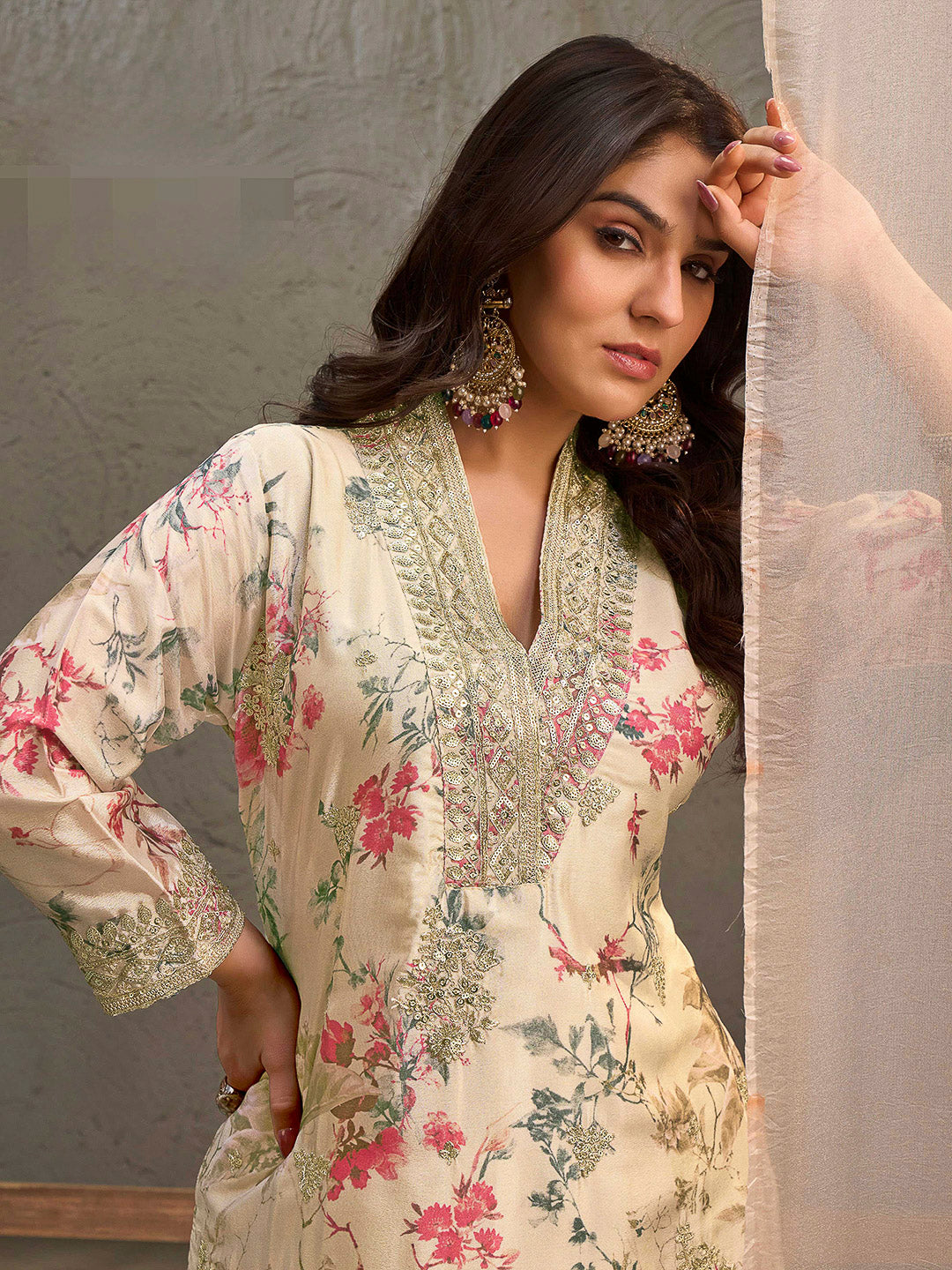 Beige Chinon Printed Kurta With Palazzo &amp; Dupatta