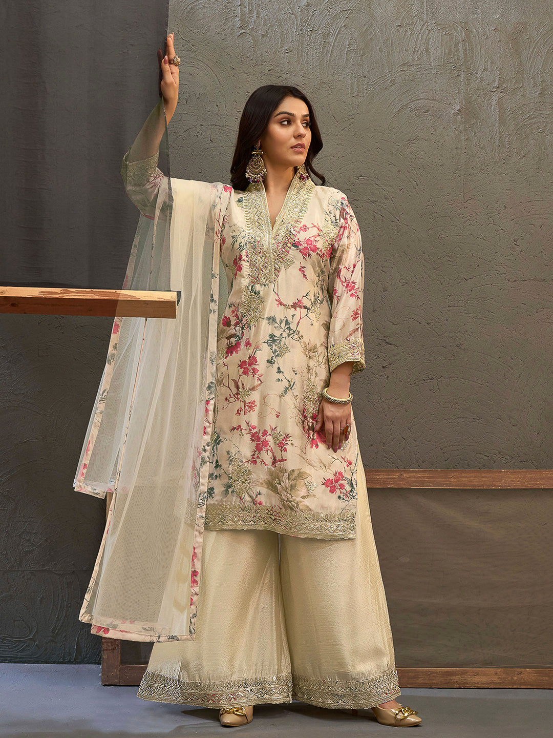 Beige Chinon Printed Kurta With Palazzo &amp; Dupatta