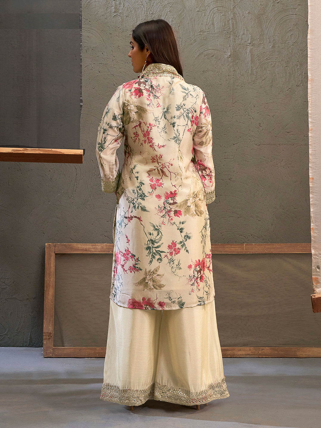Beige Chinon Printed Kurta With Palazzo &amp; Dupatta
