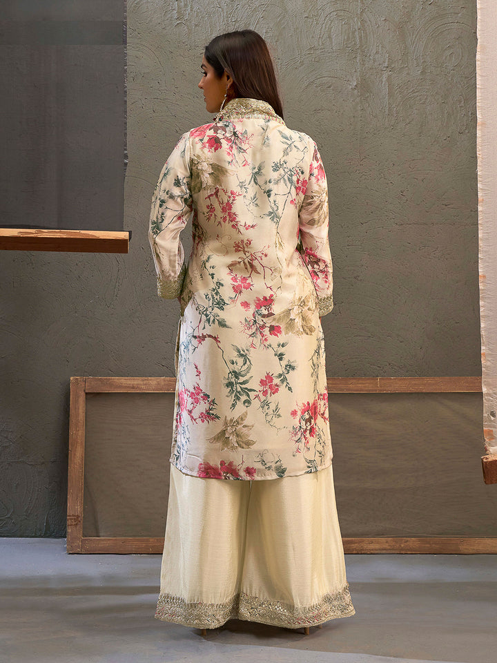 Beige Chinon Printed Kurta With Palazzo &amp; Dupatta