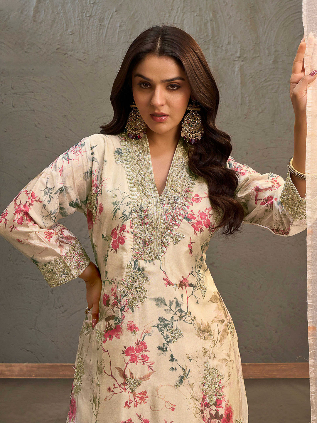 Beige Chinon Printed Kurta With Palazzo &amp; Dupatta