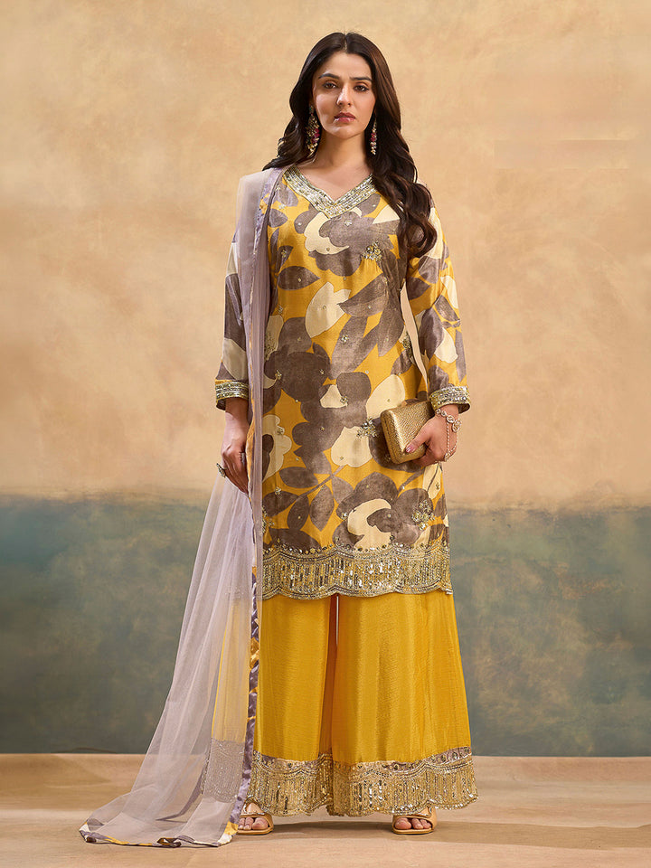 Grey Chinon Printed Kurta With Palazzo &amp; Dupatta