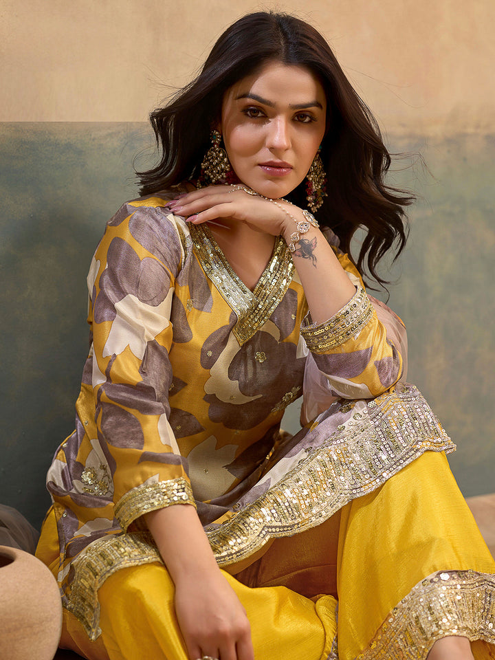 Grey Chinon Printed Kurta With Palazzo &amp; Dupatta