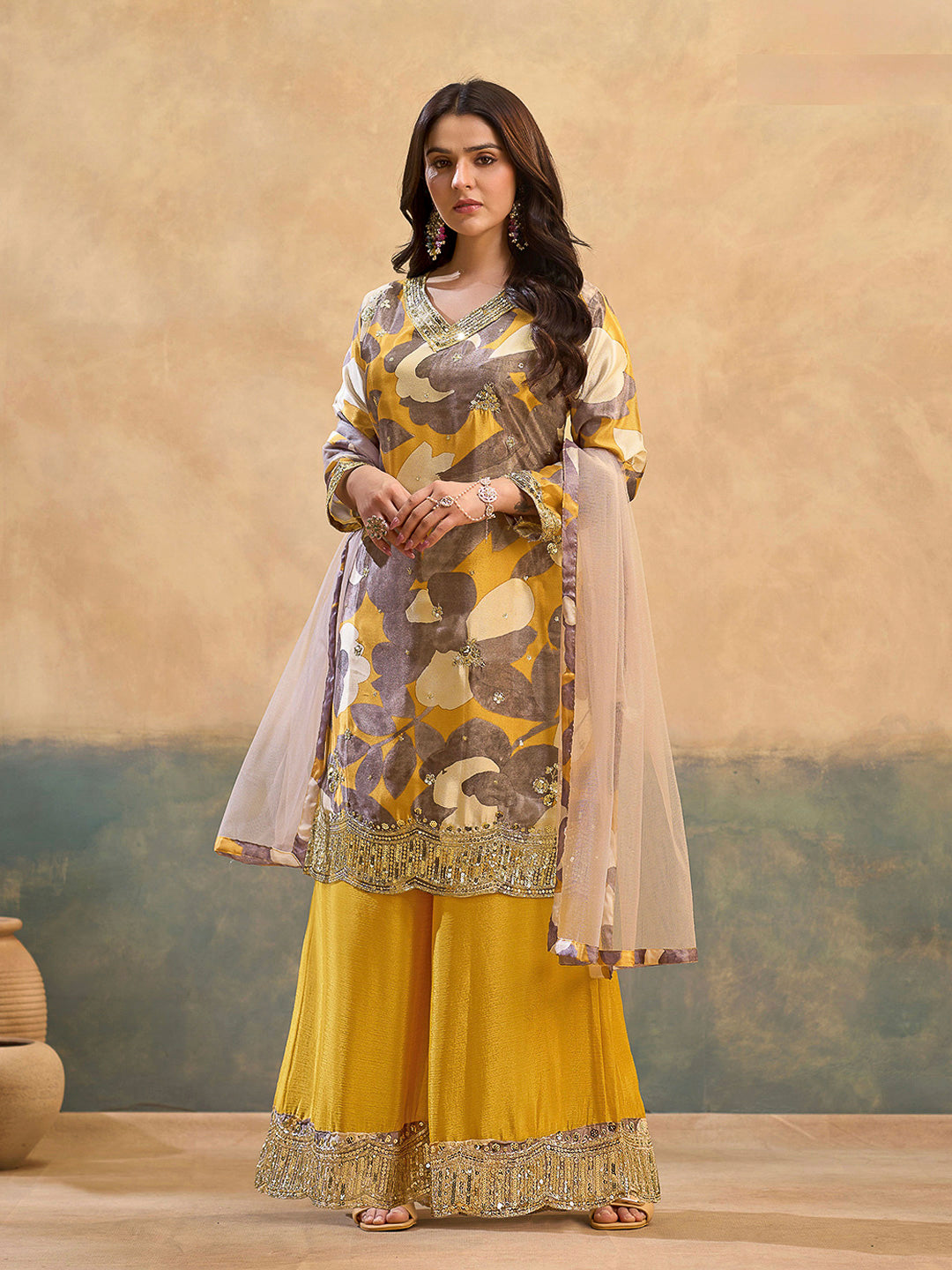Grey Chinon Printed Kurta With Palazzo &amp; Dupatta