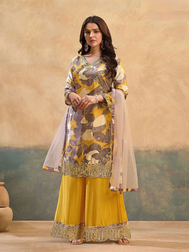 Grey Chinon Printed Kurta With Palazzo &amp; Dupatta