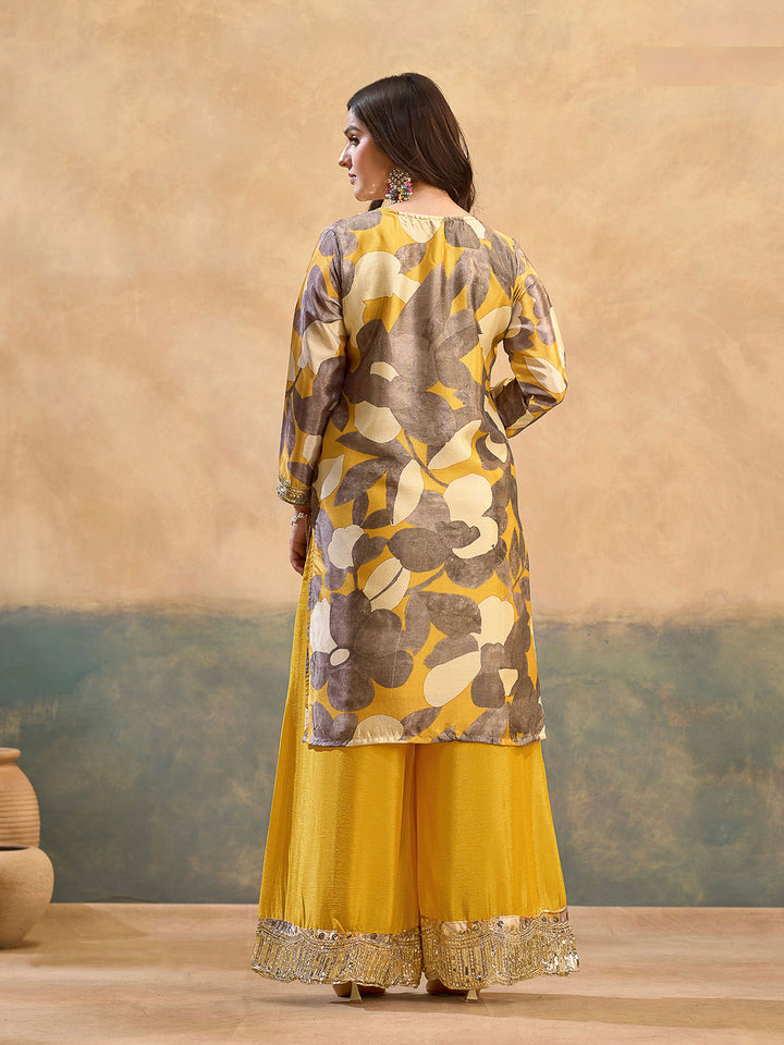 Grey Chinon Printed Kurta With Palazzo &amp; Dupatta