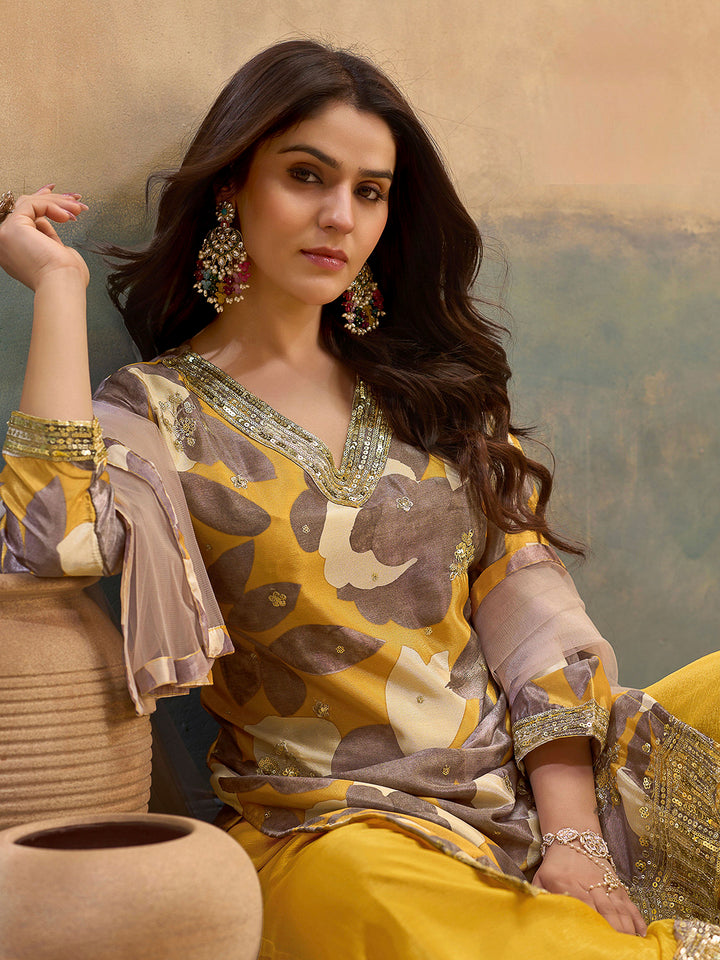 Grey Chinon Printed Kurta With Palazzo &amp; Dupatta