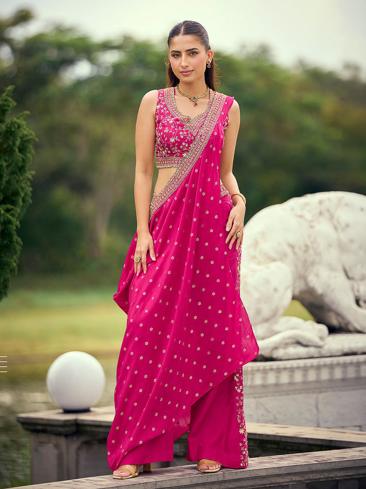 Fuschia Pink Art Silk Embroidered Wide Leg Palazzo Trouser With Blouse &amp; Pre Attached Dupatta