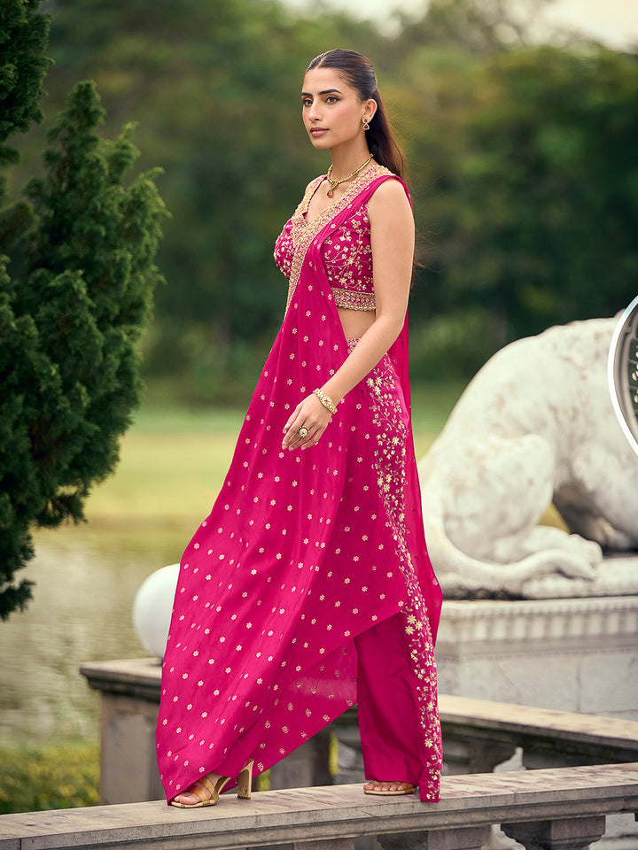 Fuschia Pink Art Silk Embroidered Wide Leg Palazzo Trouser With Blouse &amp; Pre Attached Dupatta