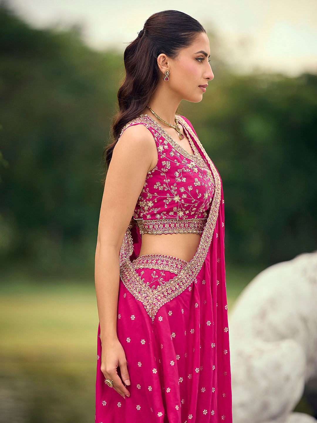 Fuschia Pink Art Silk Embroidered Wide Leg Palazzo Trouser With Blouse &amp; Pre Attached Dupatta