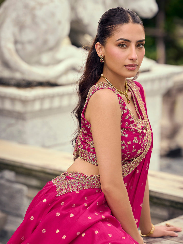 Fuschia Pink Art Silk Embroidered Wide Leg Palazzo Trouser With Blouse &amp; Pre Attached Dupatta