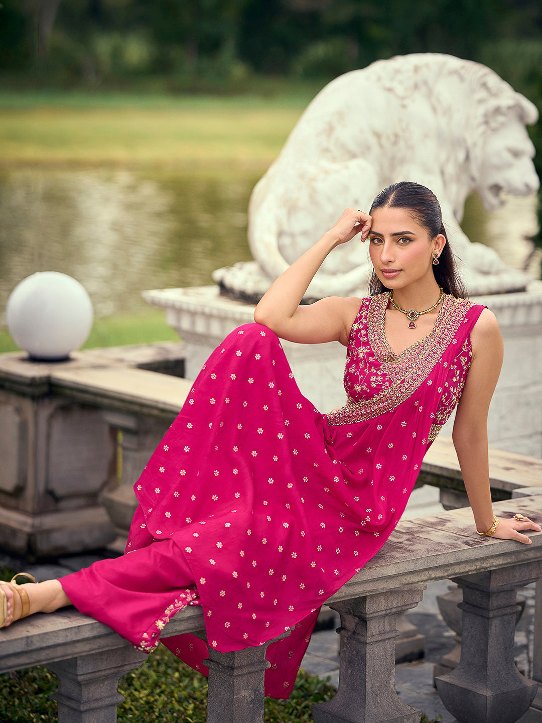 Fuschia Pink Art Silk Embroidered Wide Leg Palazzo Trouser With Blouse &amp; Pre Attached Dupatta