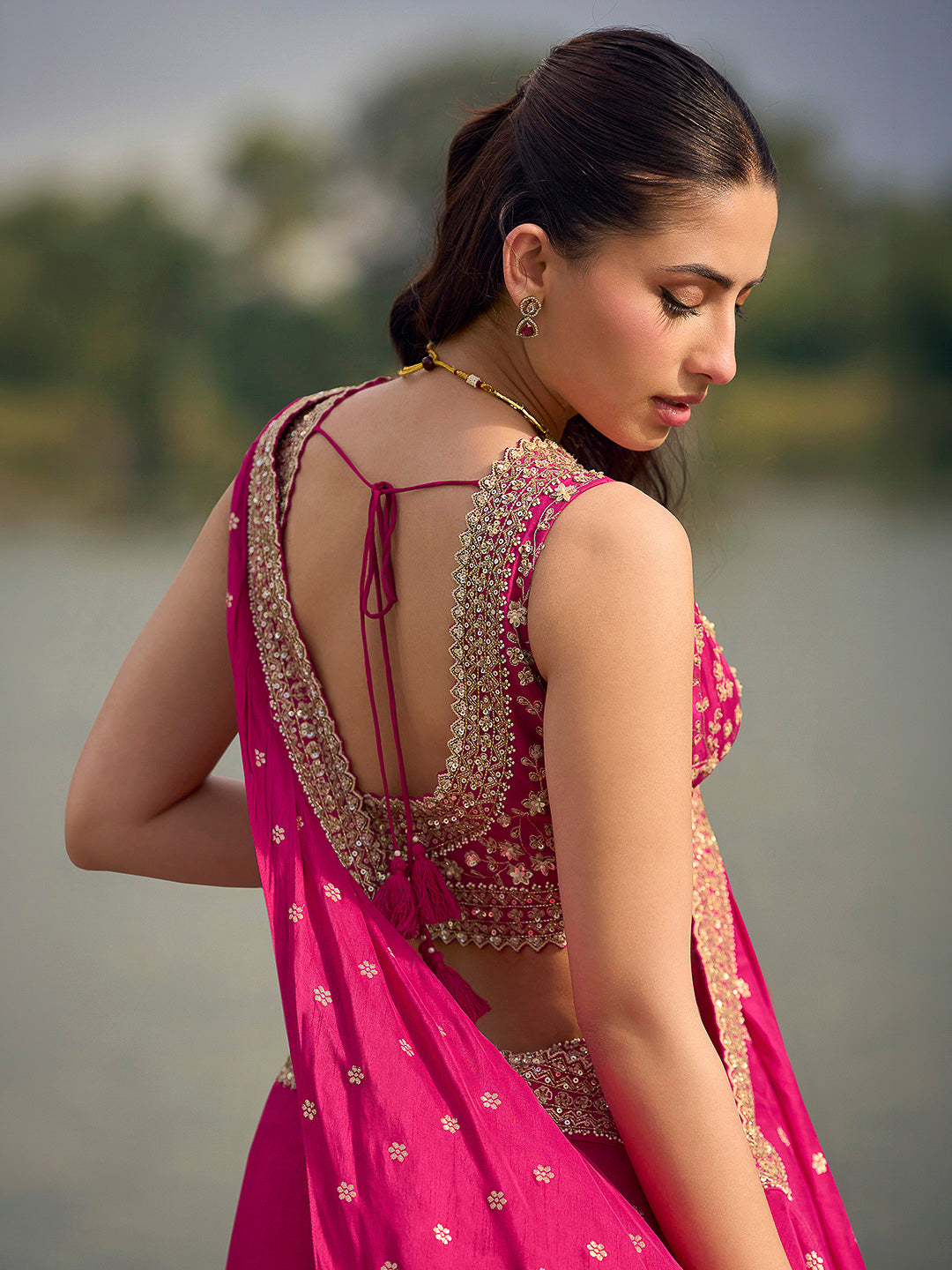 Fuschia Pink Art Silk Embroidered Wide Leg Palazzo Trouser With Blouse &amp; Pre Attached Dupatta