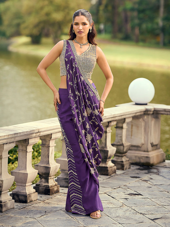 Purple Art Silk Embroidered Wide Leg Palazzo Trouser With Blouse &amp; Pre Attached Dupatta