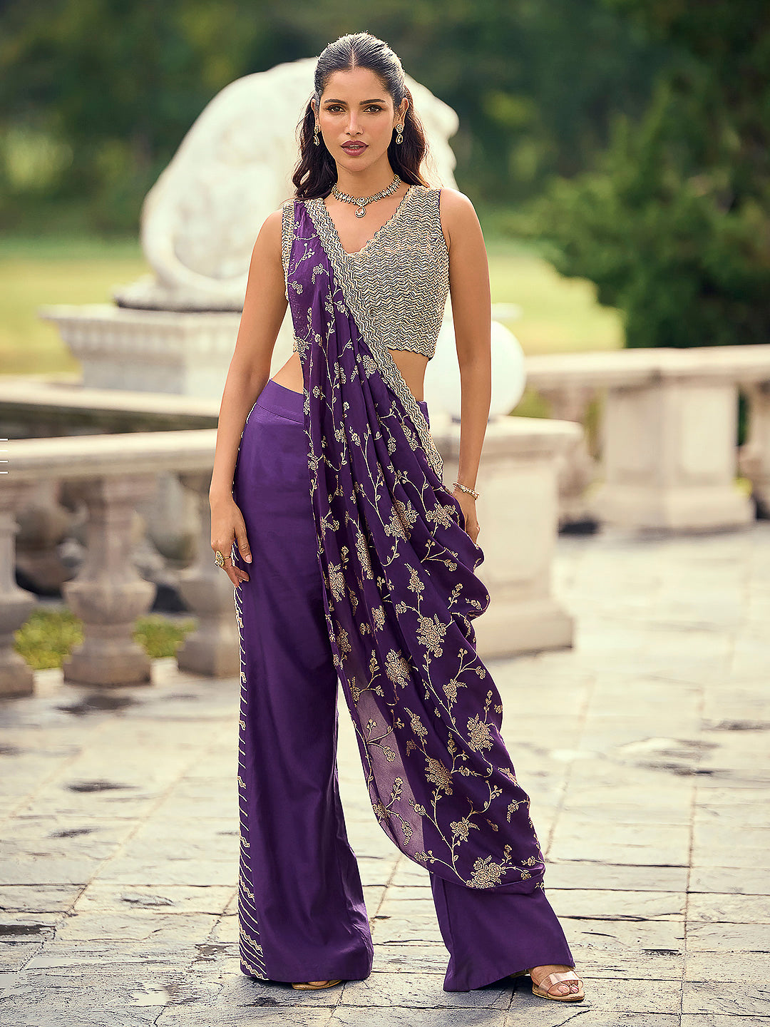 Purple Art Silk Embroidered Wide Leg Palazzo Trouser With Blouse &amp; Pre Attached Dupatta