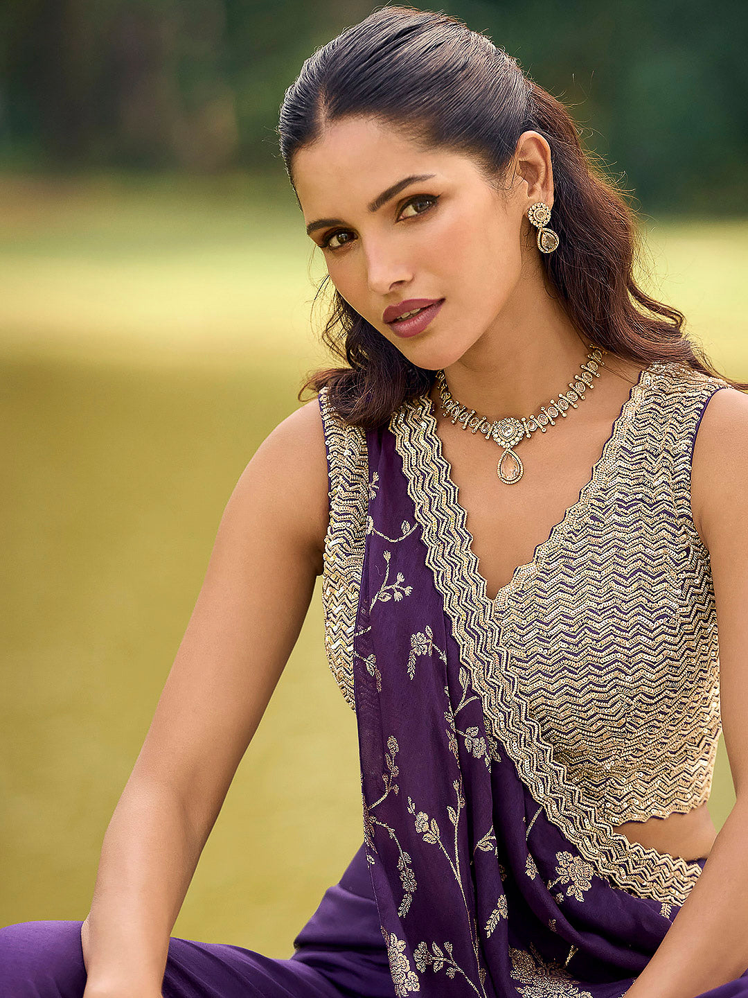 Purple Art Silk Embroidered Wide Leg Palazzo Trouser With Blouse &amp; Pre Attached Dupatta