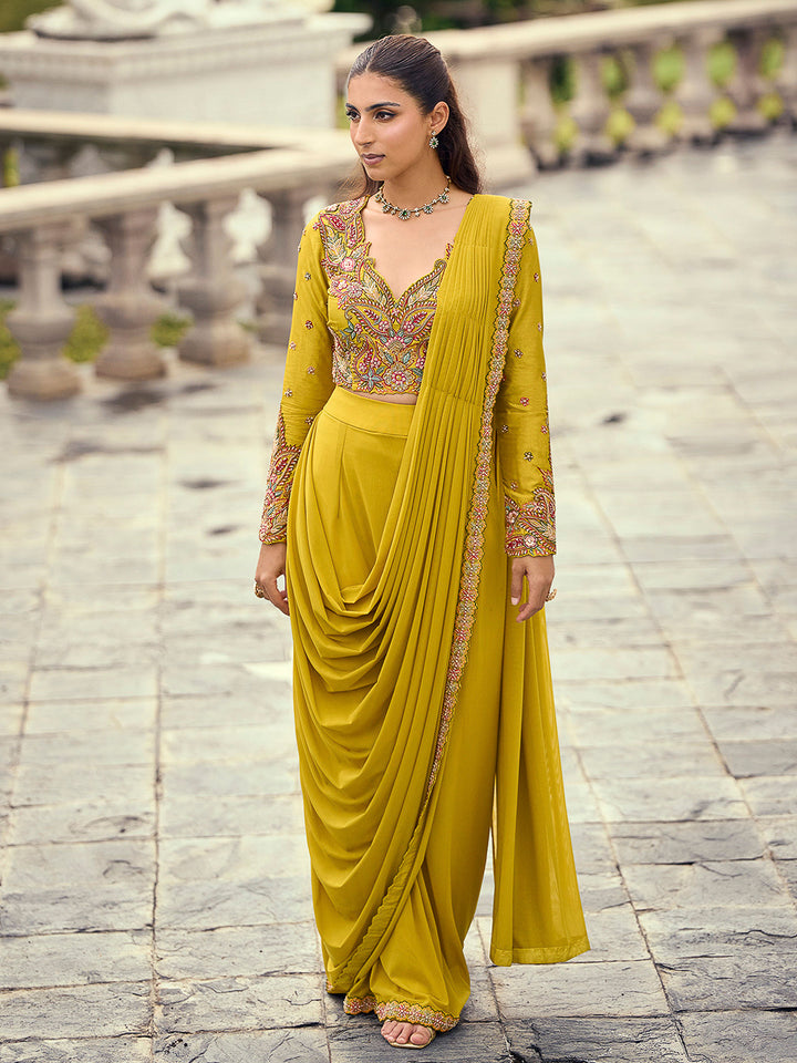Mustard Art Silk Embroidered Dhoti Style Skirt With Blouse &amp; Pre Attached Dupatta