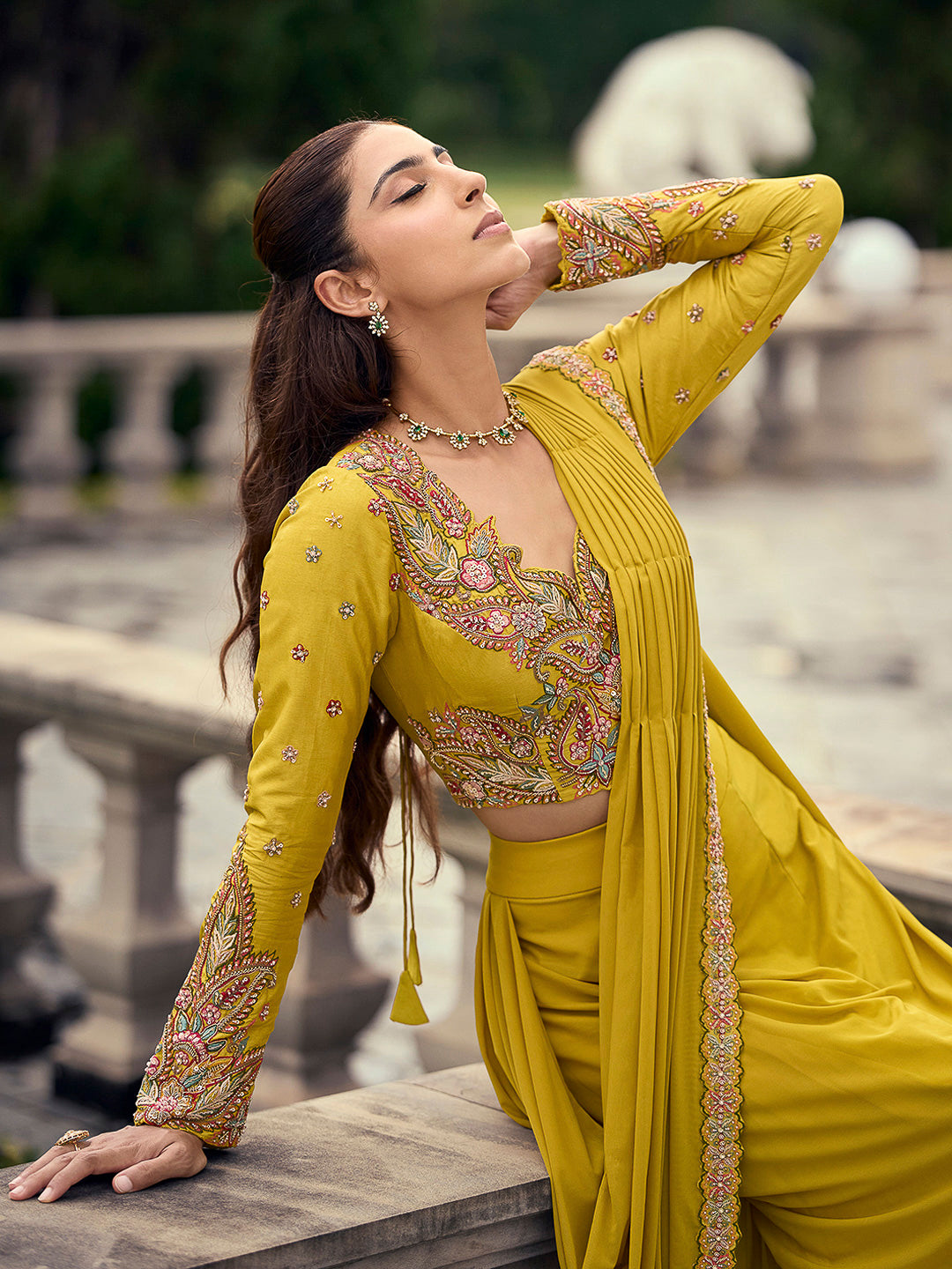 Mustard Art Silk Embroidered Dhoti Style Skirt With Blouse &amp; Pre Attached Dupatta