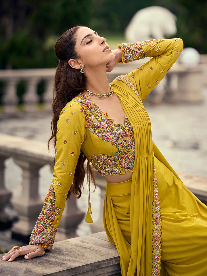 Mustard Art Silk Embroidered Dhoti Style Skirt With Blouse &amp; Pre Attached Dupatta