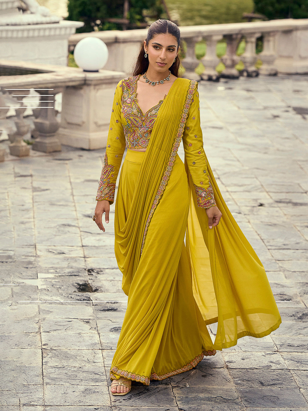 Mustard Art Silk Embroidered Dhoti Style Skirt With Blouse &amp; Pre Attached Dupatta