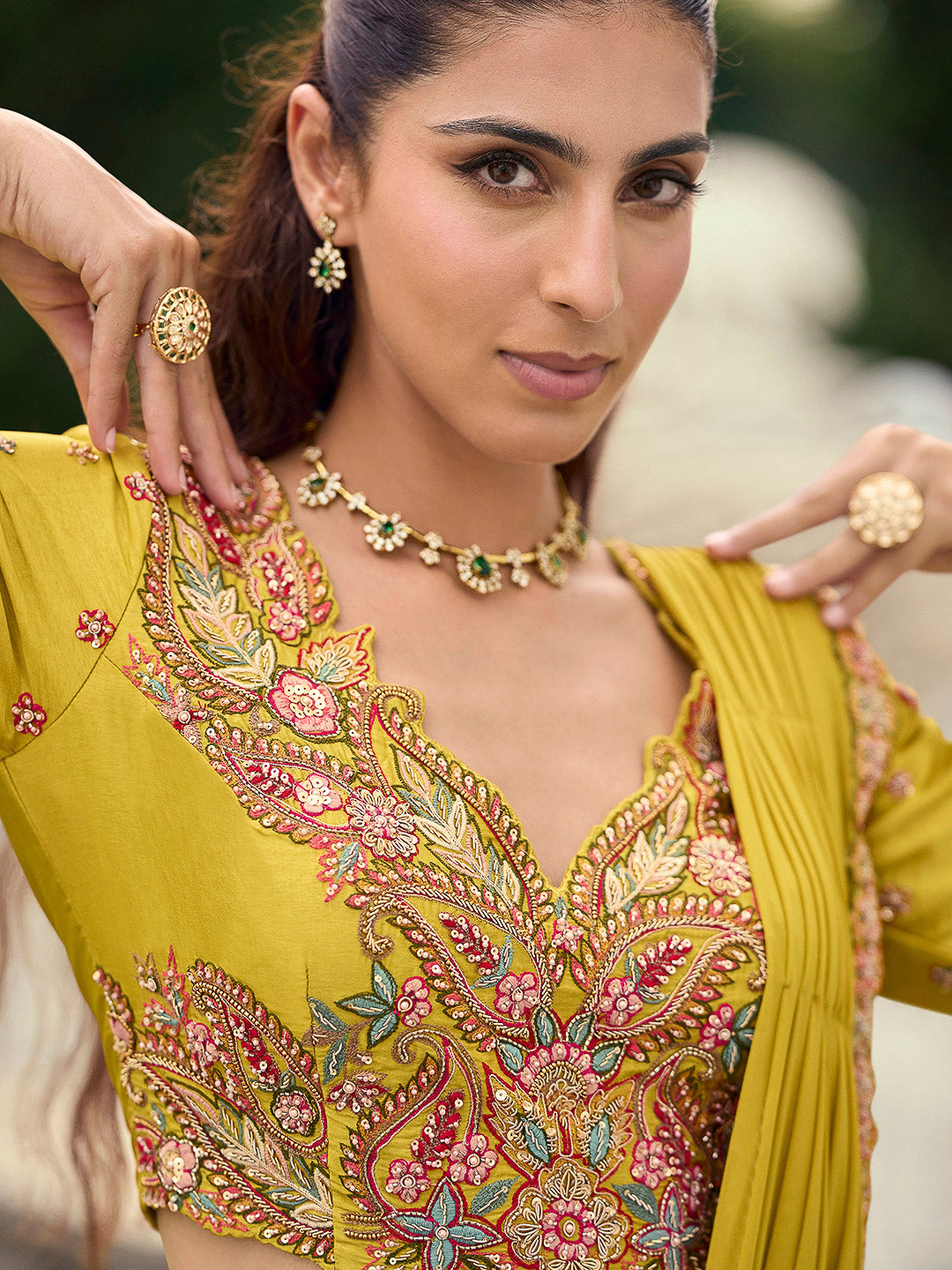 Mustard Art Silk Embroidered Dhoti Style Skirt With Blouse &amp; Pre Attached Dupatta