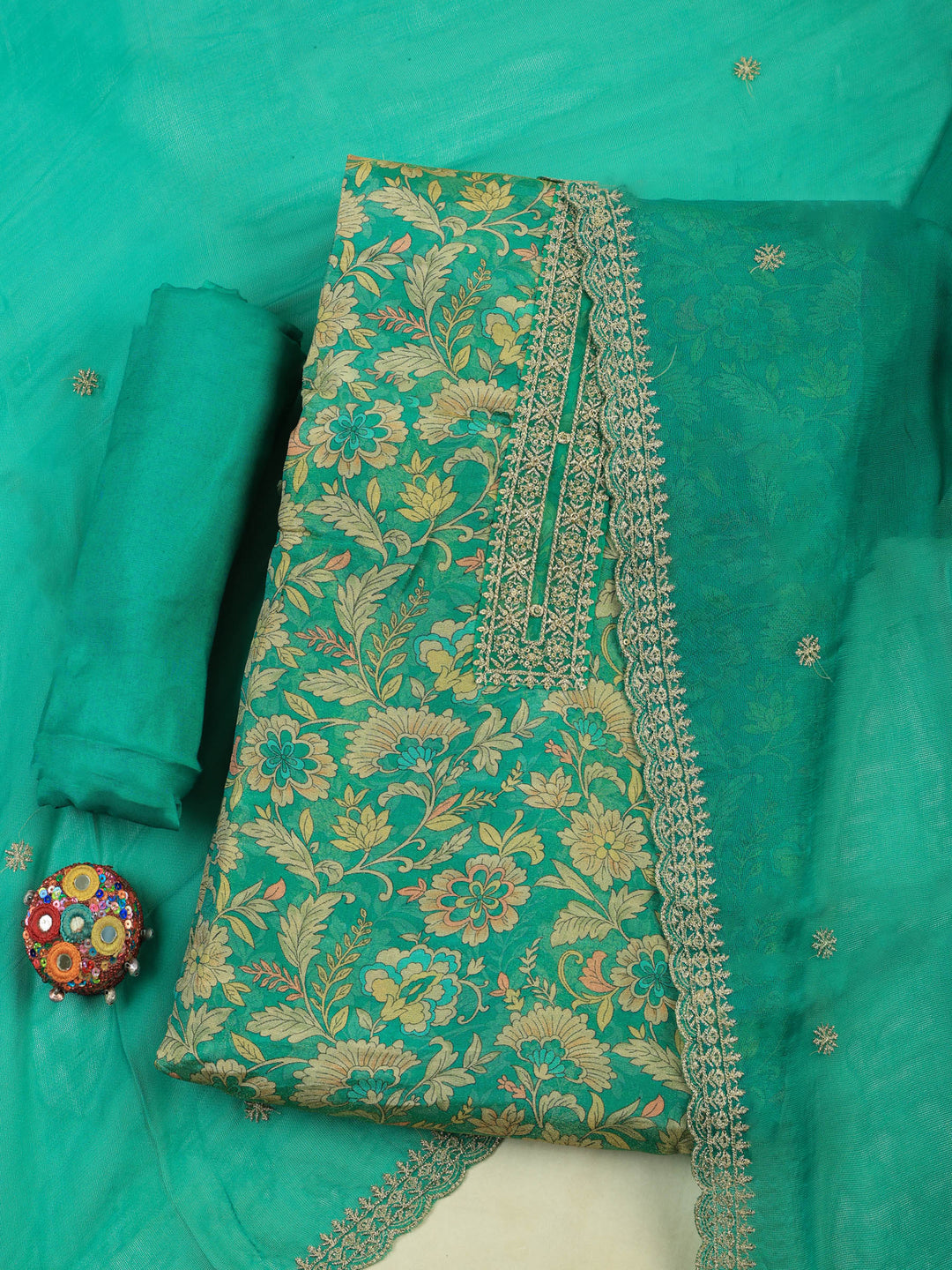Green Tissue Printed Unstitched Dress Material