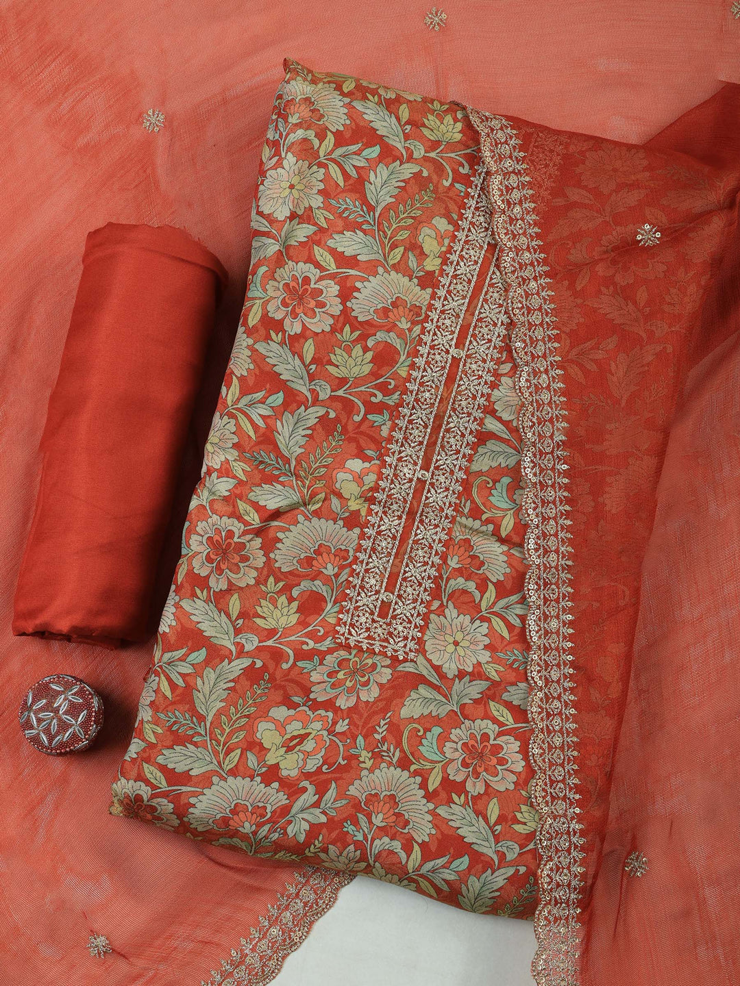 Rust Tissue Printed Unstitched Dress Material