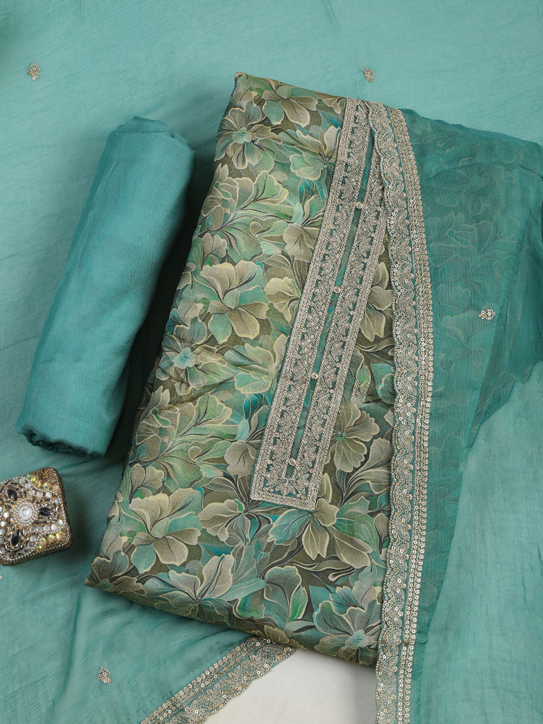 Green Tissue Printed Unstitched Dress Material
