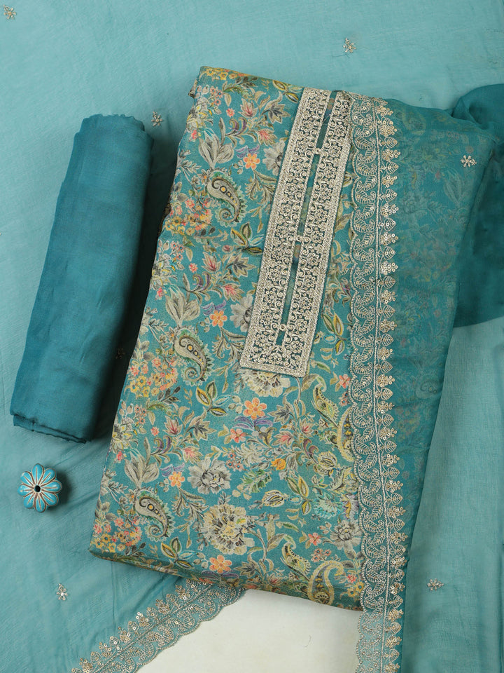 Dull-Green Tissue Printed Unstitched Dress Material