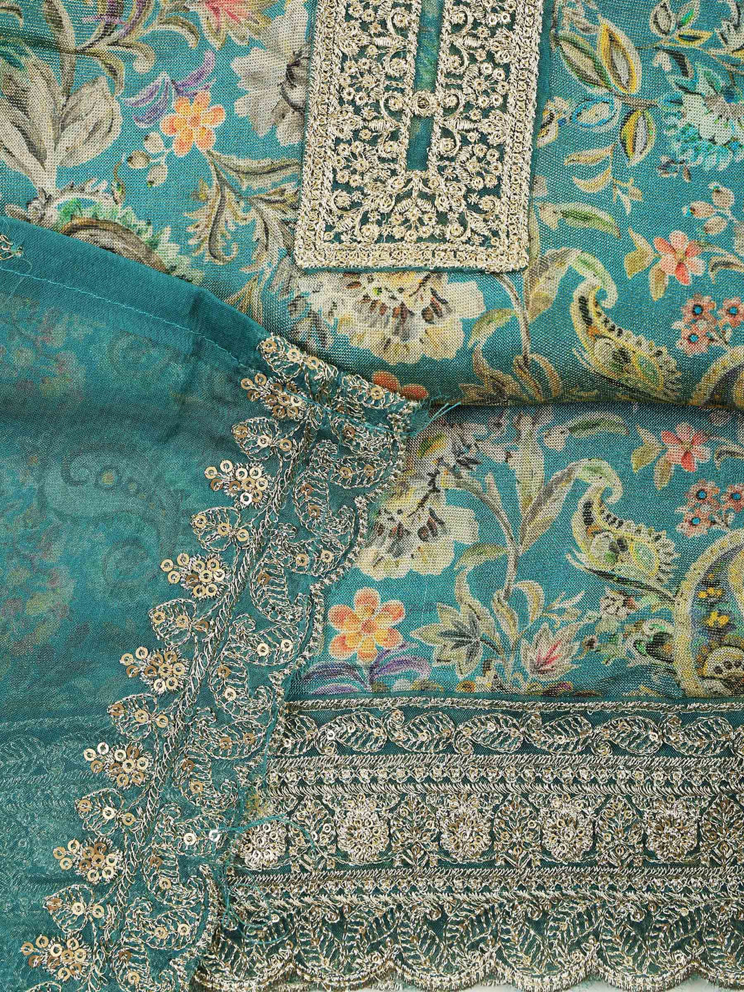 Dull-Green Tissue Printed Unstitched Dress Material