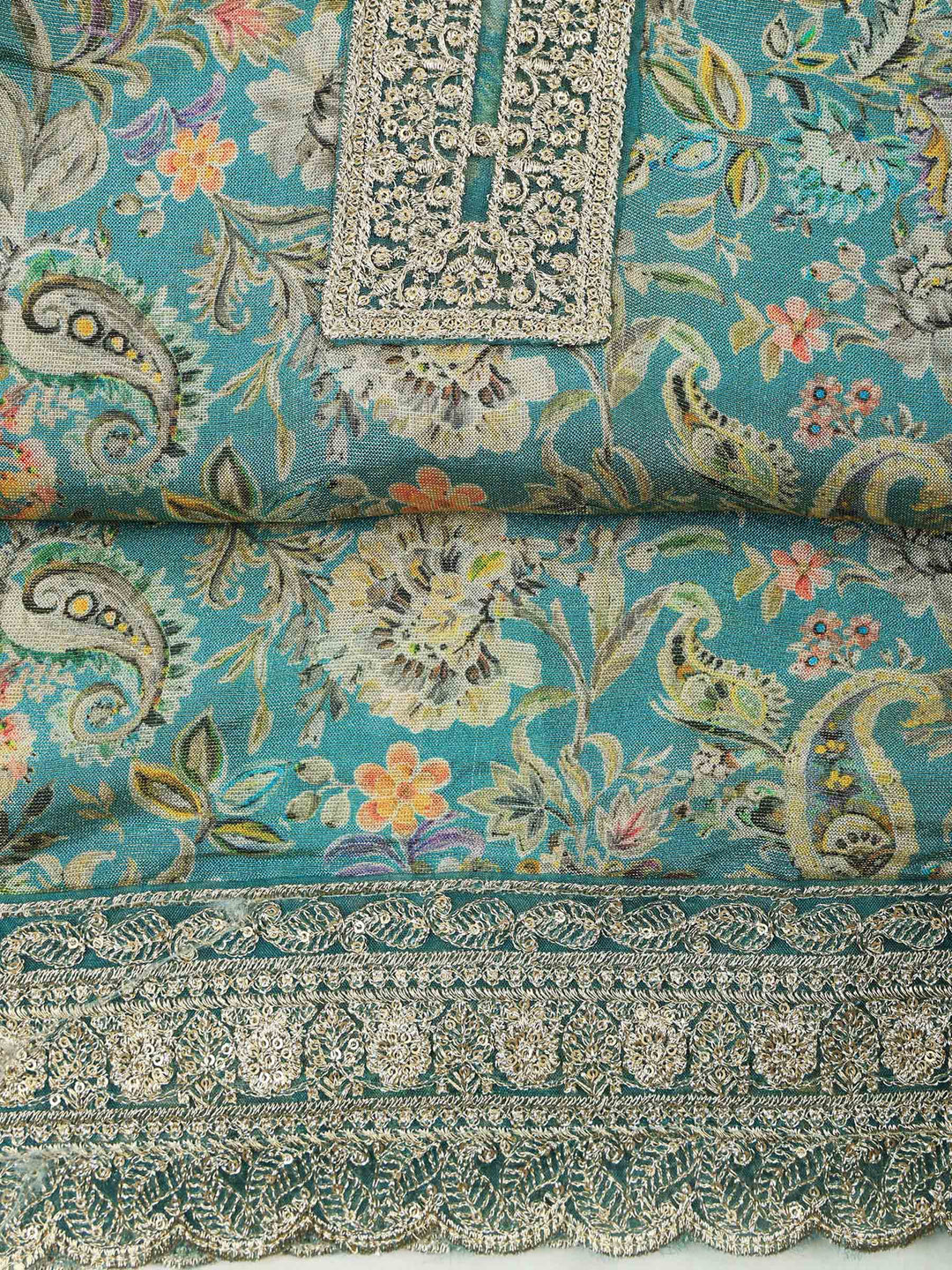 Dull-Green Tissue Printed Unstitched Dress Material