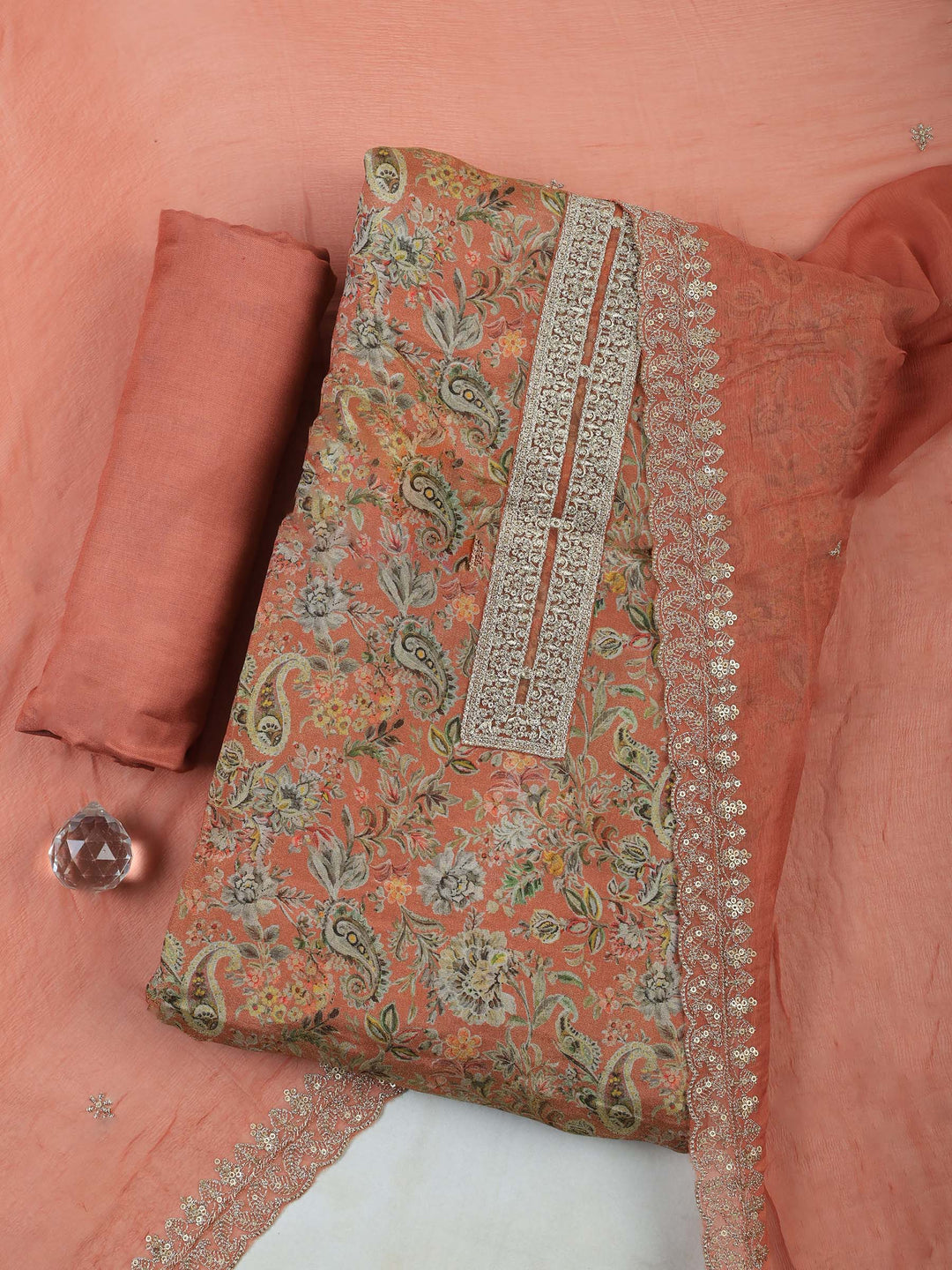Peach Tissue Printed Unstitched Dress Material