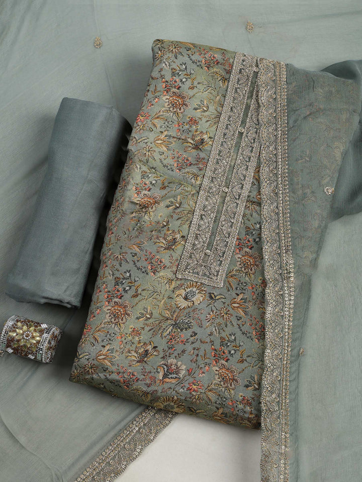 Dusty-Green Tissue Printed Unstitched Dress Material