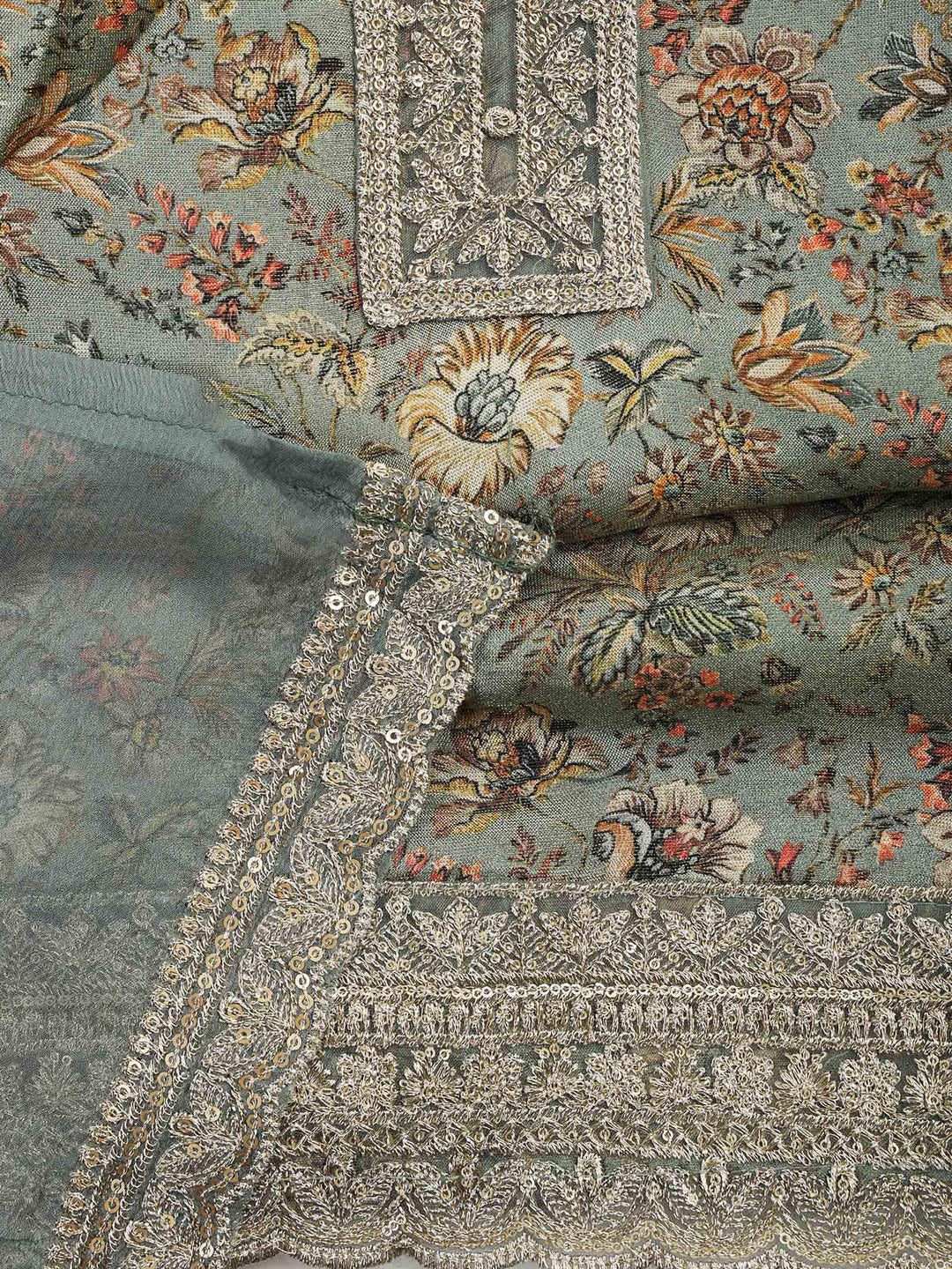 Dusty-Green Tissue Printed Unstitched Dress Material
