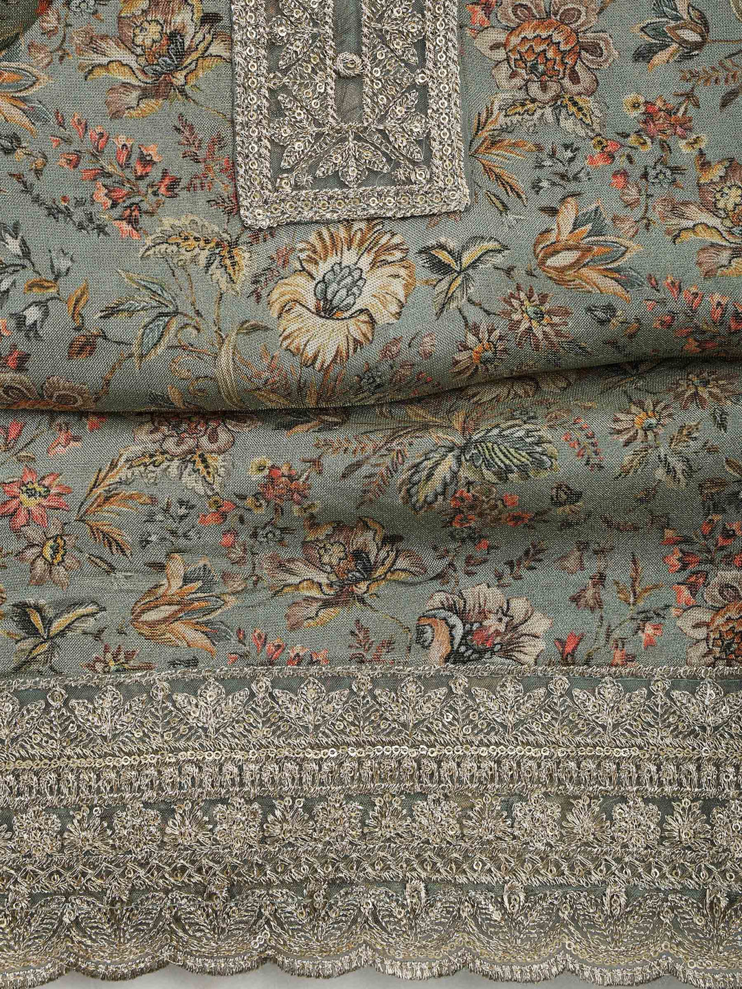 Dusty-Green Tissue Printed Unstitched Dress Material