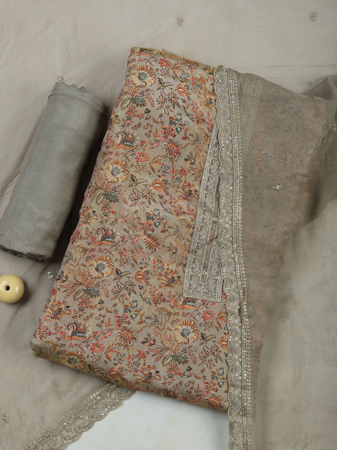 Grey Tissue Printed Unstitched Dress Material
