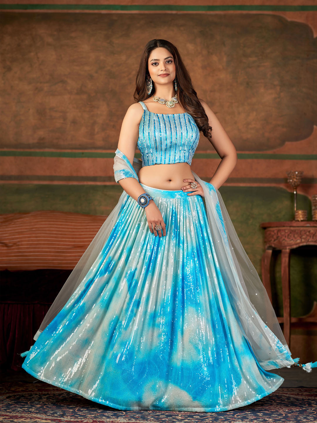 Sequin Embroidered Georgette Choli With Lehenga & Dupatta
