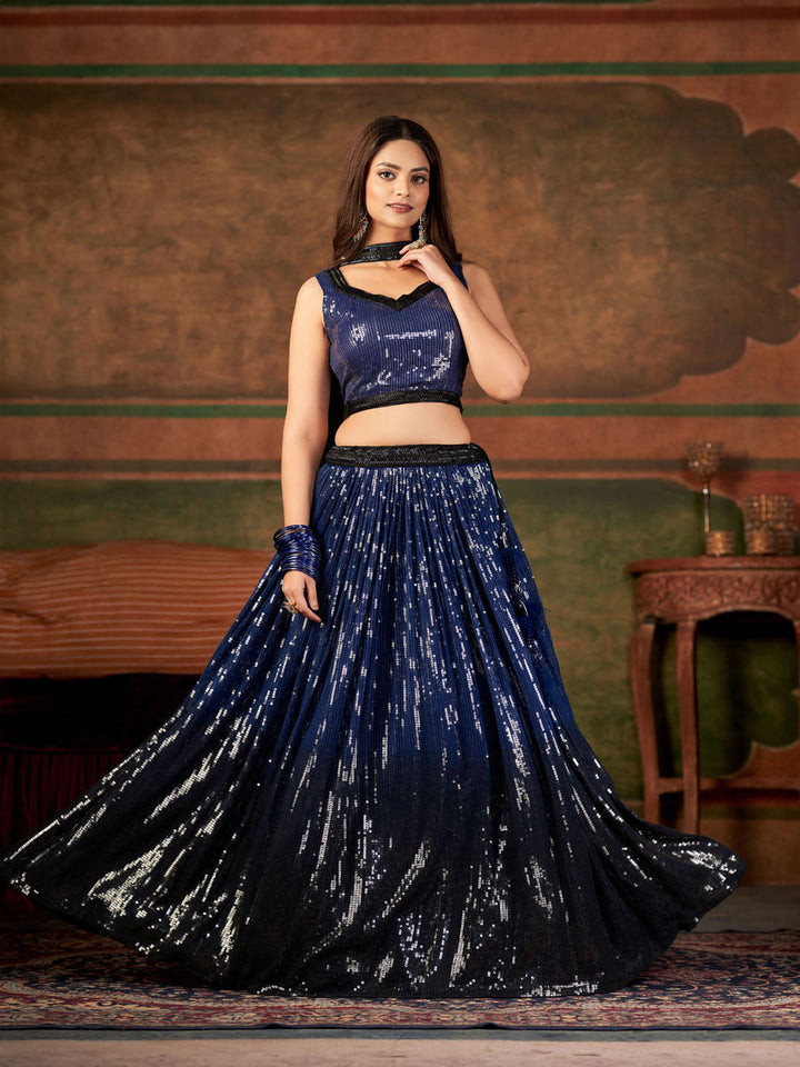 Sequin Embroidered Georgette Choli With Lehenga &amp; Dupatta