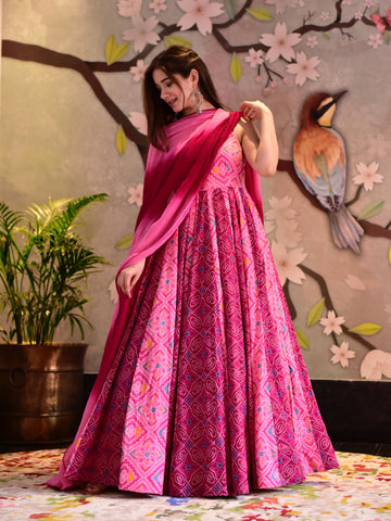 Printed Cotton Anarkali Suit Set With Dupatta