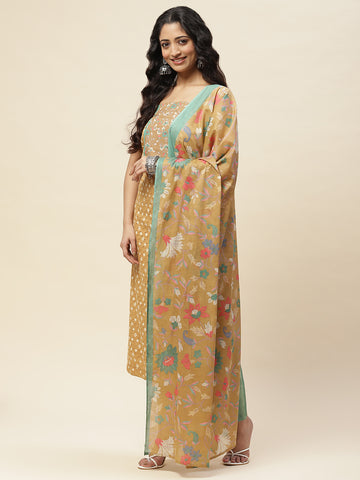 Printed Cotton Blend Unstitched Suit With Dupatta