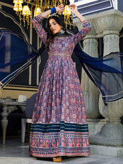 Printed Art Silk Anarkali Suit Set With Dupatta