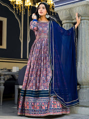 Printed Art Silk Anarkali Suit Set With Dupatta