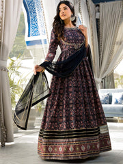 Printed Art Silk Anarkali Suit Set With Dupatta