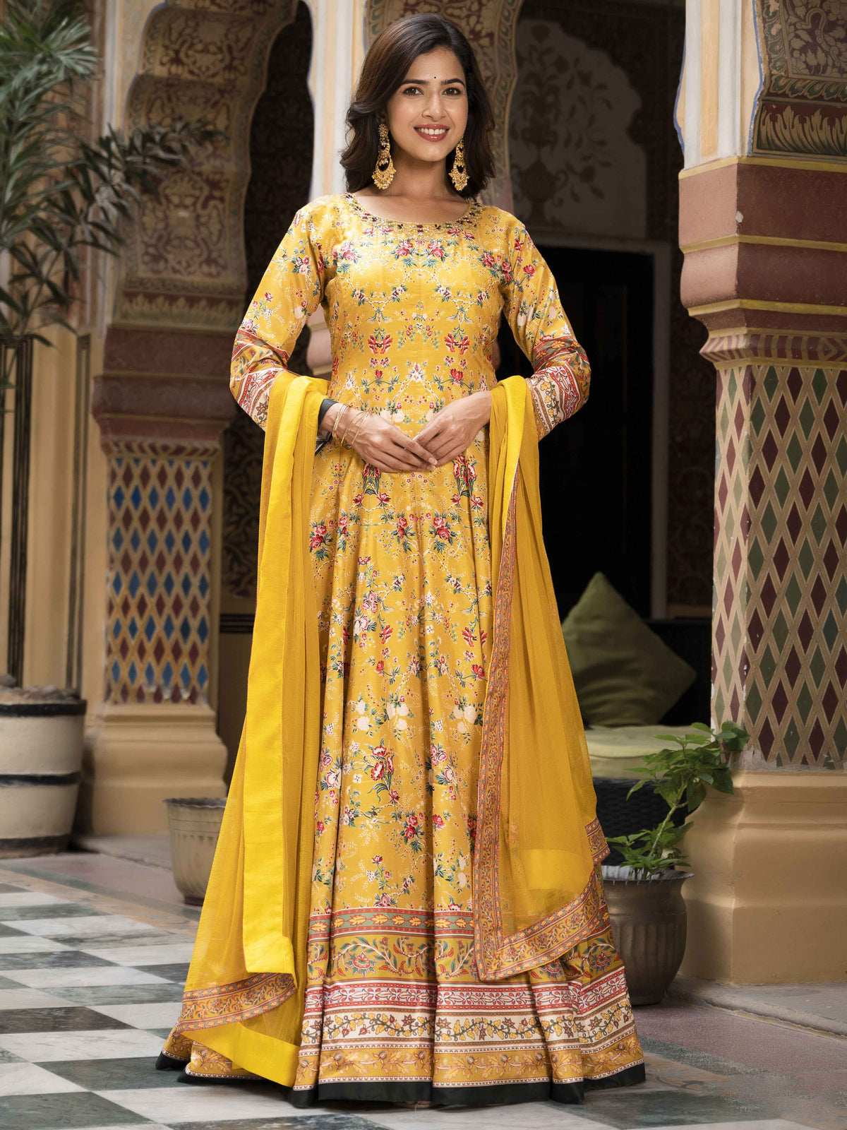 Printed Art Silk Anarkali Suit Set With Dupatta
