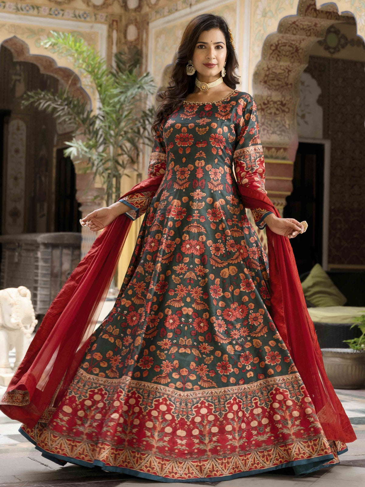 Printed Art Silk Anarkali Suit Set With Dupatta
