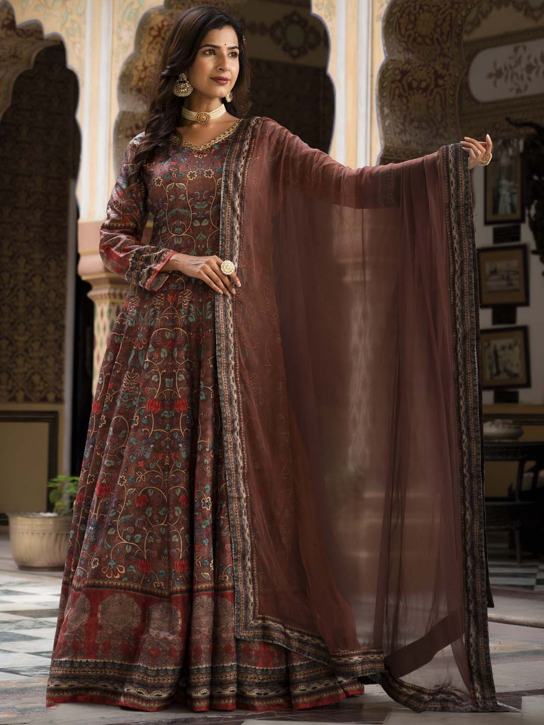 Printed Art Silk Anarkali Suit Set With Dupatta