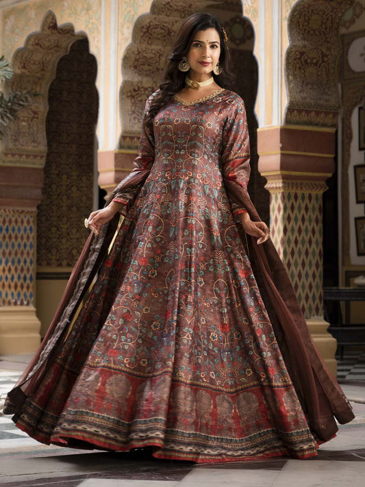 Printed Art Silk Anarkali Suit Set With Dupatta