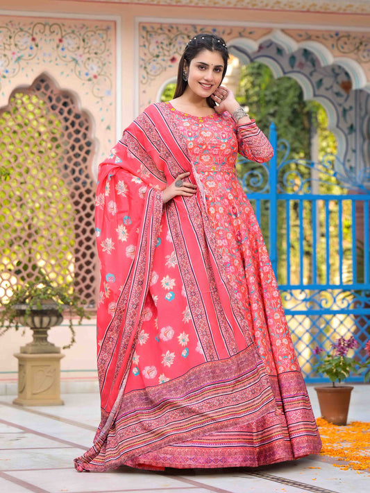 Printed Art Silk Anarkali Suit Set With Dupatta