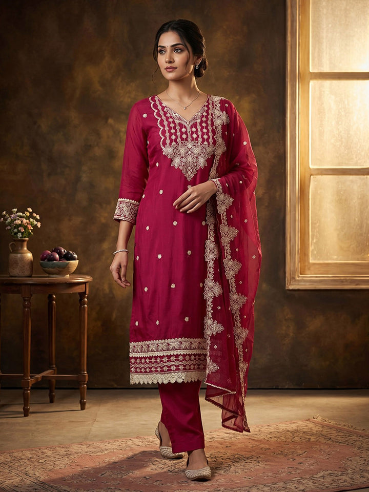 Red Art Silk Printed Anarkali Suit Set