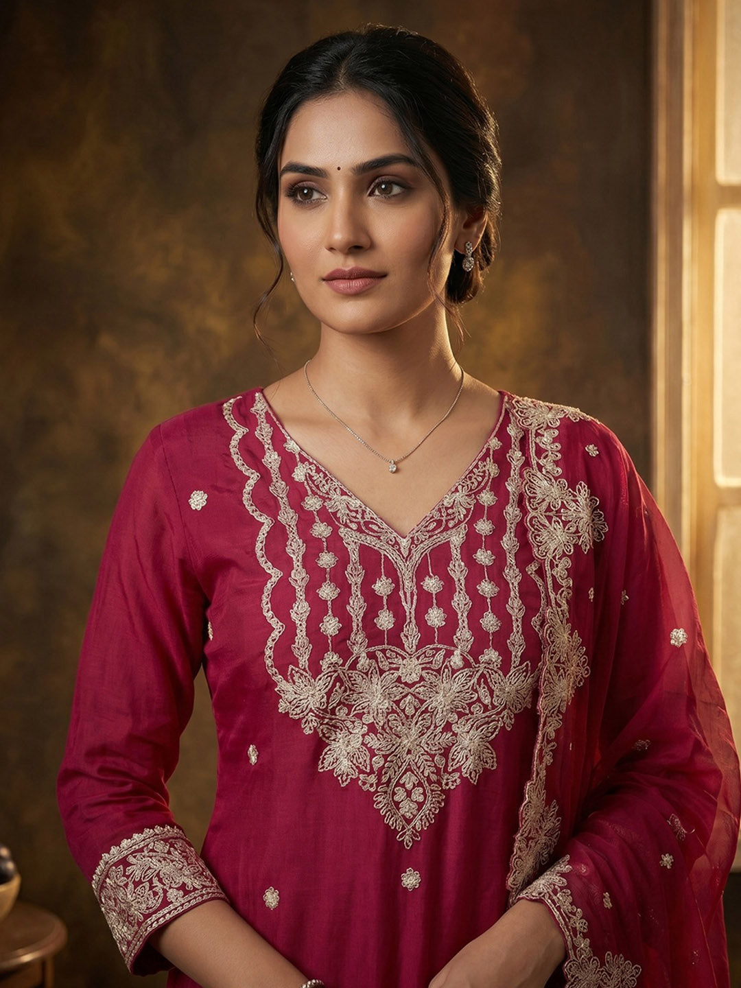 Red Art Silk Printed Anarkali Suit Set